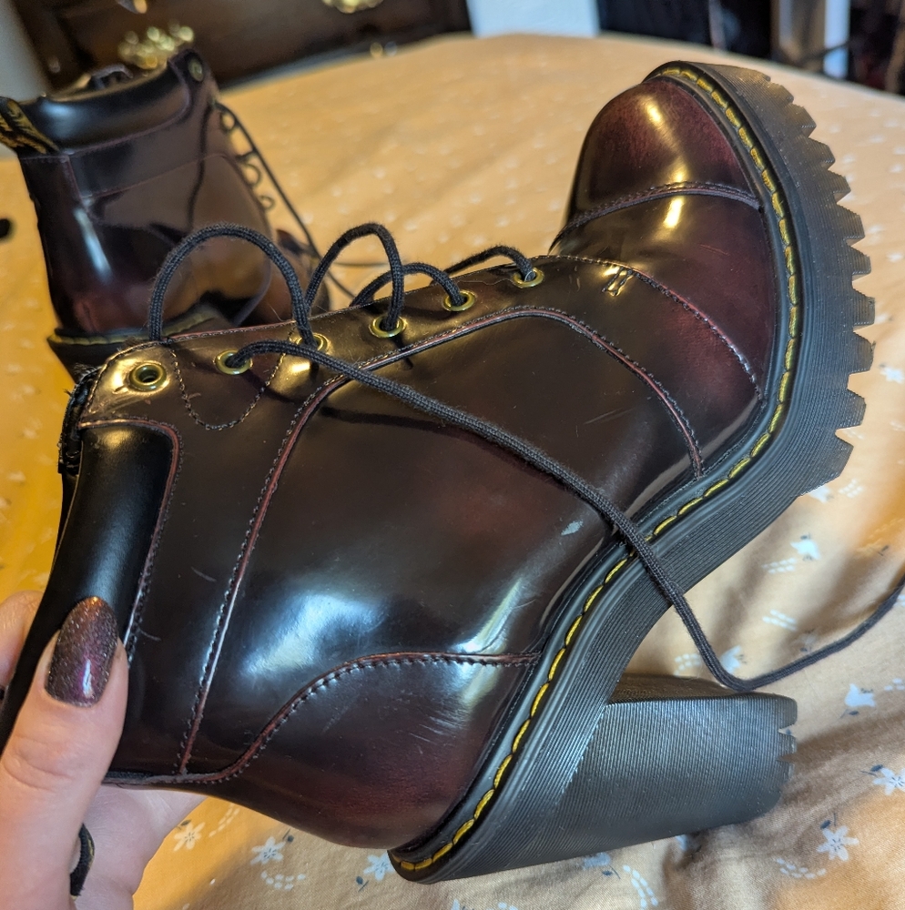 Dr. Martens Women's Burgundy Patent Leather Platform Ankle Boots - Picture 6 of 12